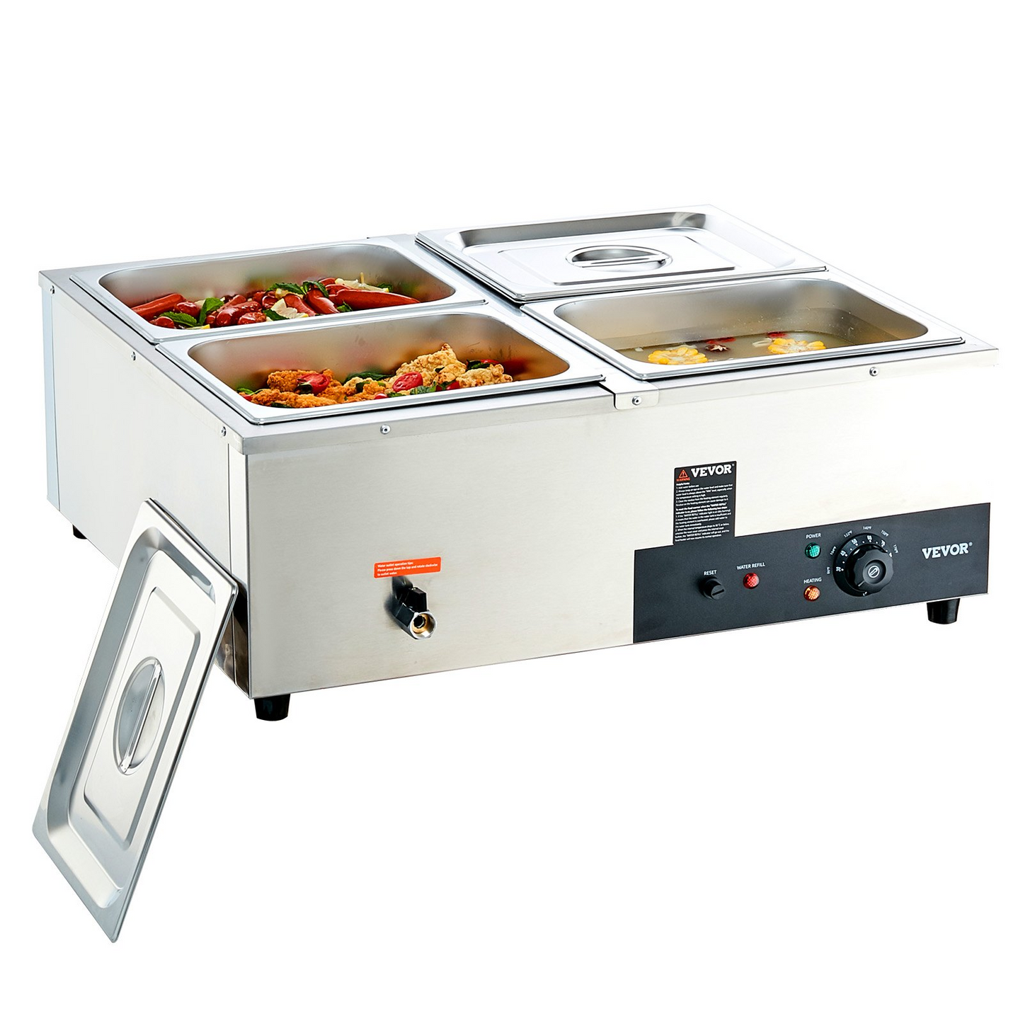 VEVOR 4-Pan Commercial Food Warmer, 4 x 12QT Electric Steam Table, 1500W Professional Countertop Stainless Steel Buffet Bain Marie with 86-185°F Temp Control for Catering and Restaurants, Silver