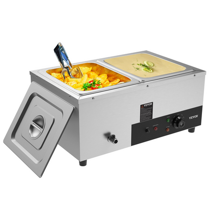 VEVOR 2-Pan Commercial Food Warmer, 2 x 12QT Electric Steam Table, 1500W Professional Countertop Stainless Steel Buffet Bain Marie with 86-185°F Temp Control for Catering and Restaurants, Silver