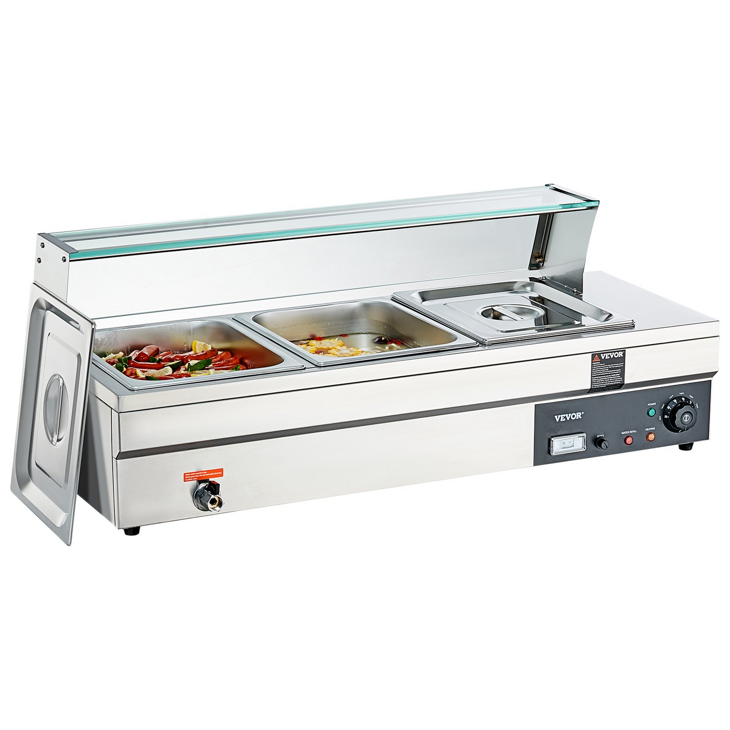 VEVOR 3-Pan Commercial Food Warmer, 3 x 12QT Electric Steam Table with Tempered Glass Cover, 1500W Countertop Stainless Steel Buffet Bain Marie 86-185°F Temp Control for Catering, Restaurants, Silver