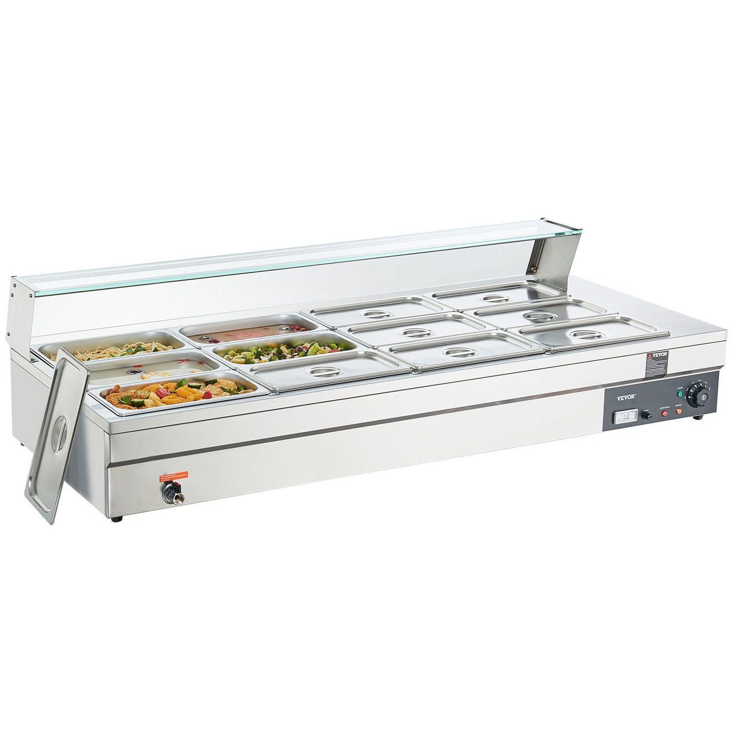 VEVOR 12-Pan Commercial Food Warmer, 12 x 8QT Electric Steam Table with Tempered Glass Cover, 1800W Countertop Stainless Steel Buffet Bain Marie 86-185°F Temp Control for Catering, Restaurant, Silver