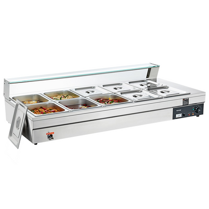 VEVOR 10-Pan Commercial Food Warmer, 10 x 12QT Electric Steam Table with Tempered Glass Cover, 1800W Countertop Stainless Steel Buffet Bain Marie 86-185°F Temp Control for Catering, Restaurant, Silver