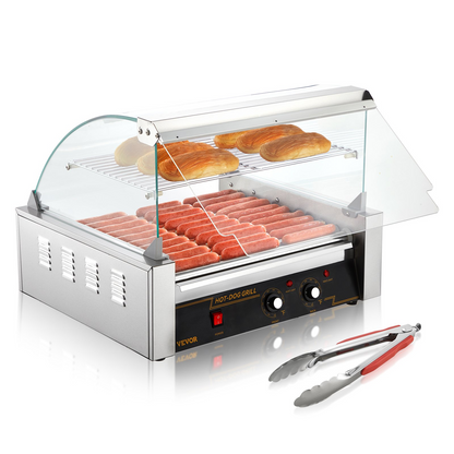 VEVOR Hot Dog Roller, 11 Rollers 30 Hot Dogs Capacity, 1650W Stainless Sausage Grill Cooker Machine with Dual Temp Control Glass Hood Acrylic Cover Bun Warmer Shelf Removable Drip Tray, ETL Certified