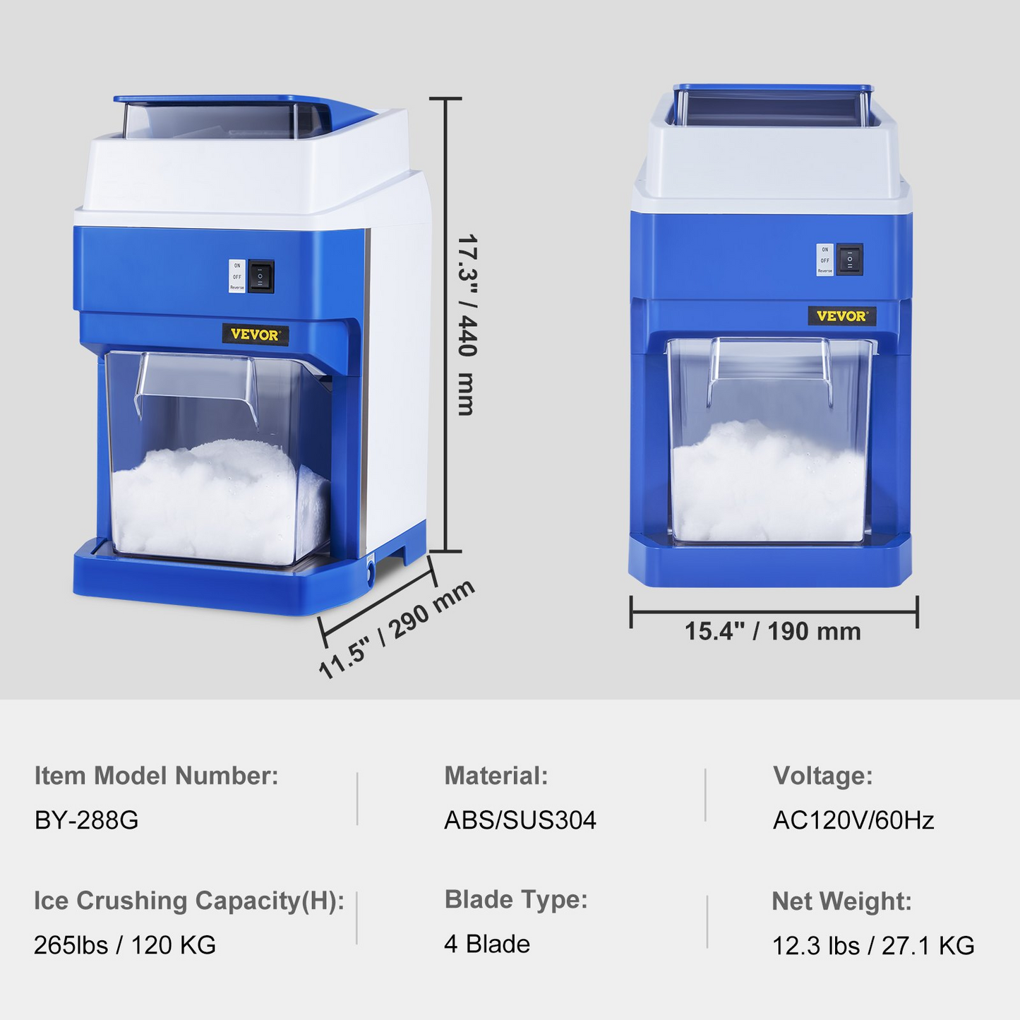 VEVOR Commercial Ice Shaver Crusher, 265lbs Per Hour Electric Snow Cone Maker with 4.4lbs Ice Box, 300W Tabletop Shaved Ice Machine for Parties Events Snack Bar, Home and Commercial Use