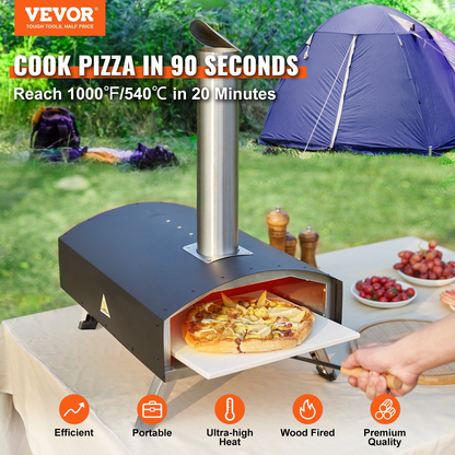 VEVOR Outdoor Oven 12-inch Pellet and Charcoal Fired Maker, Portable Outside Stainless Steel Grill with Pizza Stone, Waterproof Cover, Shovel, Wood Burner for Backyard Camping, Black