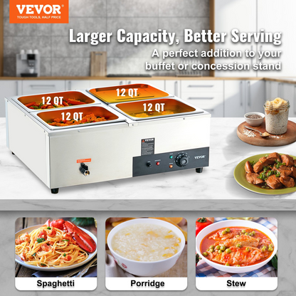 VEVOR 4-Pan Commercial Food Warmer, 4 x 12QT Electric Steam Table, 1500W Professional Countertop Stainless Steel Buffet Bain Marie with 86-185°F Temp Control for Catering and Restaurants, Silver