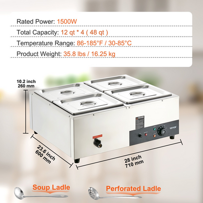 VEVOR 4-Pan Commercial Food Warmer, 4 x 12QT Electric Steam Table, 1500W Professional Countertop Stainless Steel Buffet Bain Marie with 86-185°F Temp Control for Catering and Restaurants, Silver