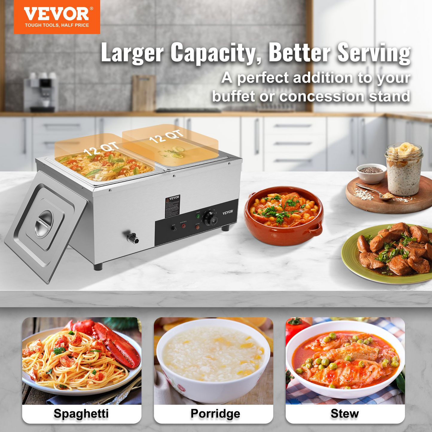 VEVOR 2-Pan Commercial Food Warmer, 2 x 12QT Electric Steam Table, 1500W Professional Countertop Stainless Steel Buffet Bain Marie with 86-185°F Temp Control for Catering and Restaurants, Silver