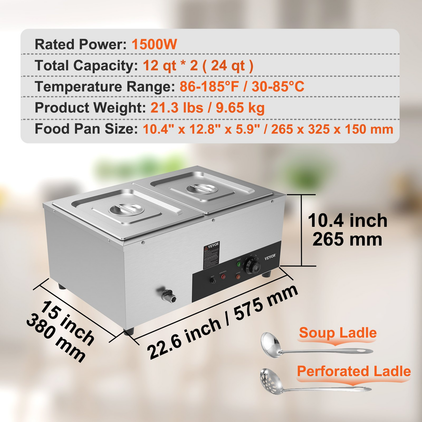 VEVOR 2-Pan Commercial Food Warmer, 2 x 12QT Electric Steam Table, 1500W Professional Countertop Stainless Steel Buffet Bain Marie with 86-185°F Temp Control for Catering and Restaurants, Silver