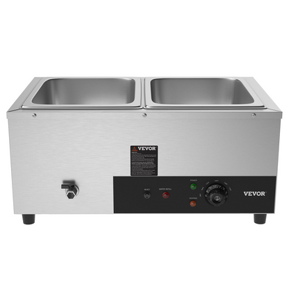 VEVOR 2-Pan Commercial Food Warmer, 2 x 12QT Electric Steam Table, 1500W Professional Countertop Stainless Steel Buffet Bain Marie with 86-185°F Temp Control for Catering and Restaurants, Silver