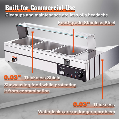 VEVOR 3-Pan Commercial Food Warmer, 3 x 12QT Electric Steam Table with Tempered Glass Cover, 1500W Countertop Stainless Steel Buffet Bain Marie 86-185°F Temp Control for Catering, Restaurants, Silver