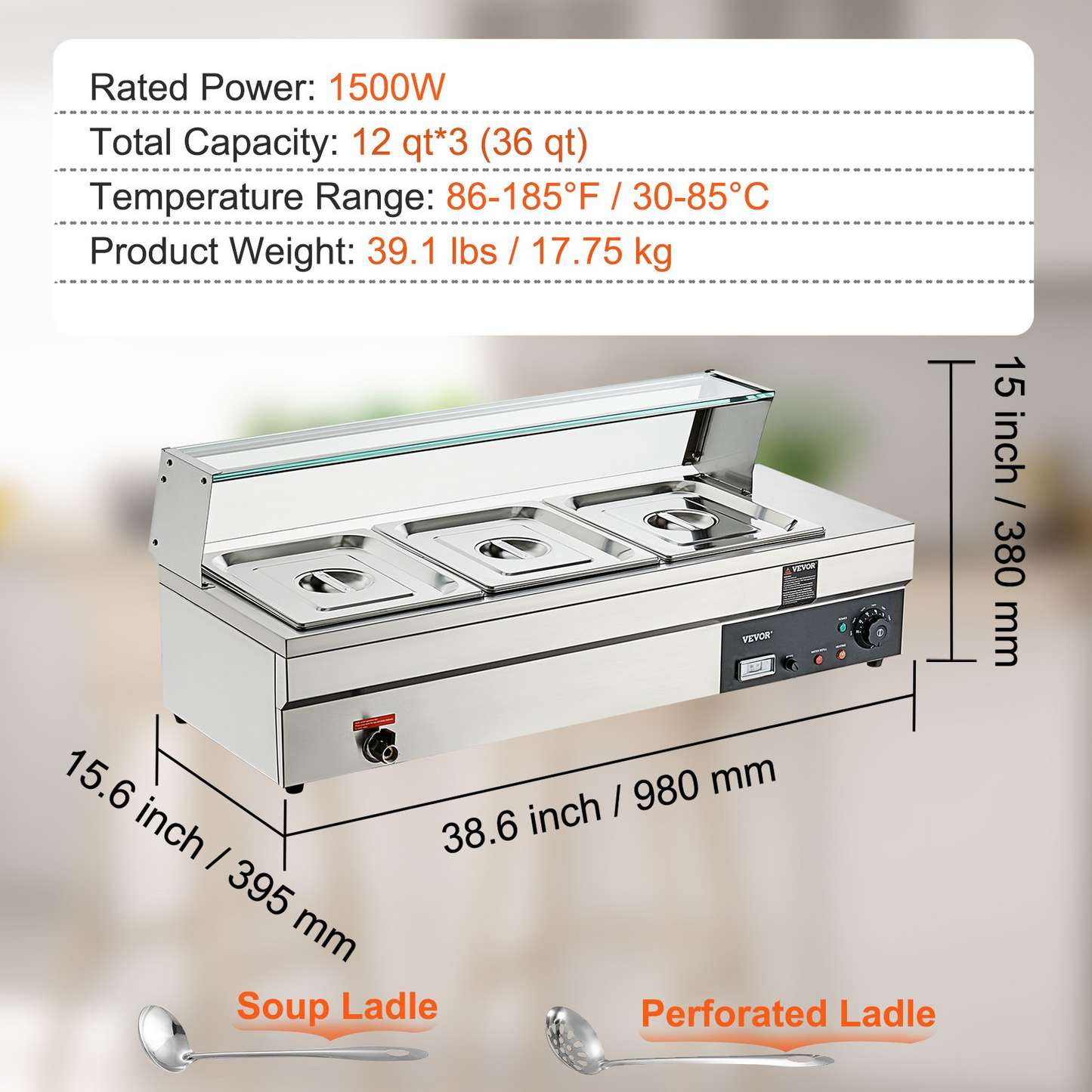 VEVOR 3-Pan Commercial Food Warmer, 3 x 12QT Electric Steam Table with Tempered Glass Cover, 1500W Countertop Stainless Steel Buffet Bain Marie 86-185°F Temp Control for Catering, Restaurants, Silver