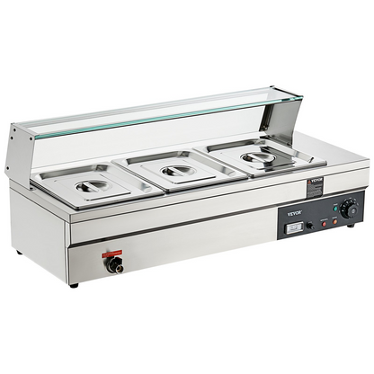 VEVOR 3-Pan Commercial Food Warmer, 3 x 12QT Electric Steam Table with Tempered Glass Cover, 1500W Countertop Stainless Steel Buffet Bain Marie 86-185°F Temp Control for Catering, Restaurants, Silver