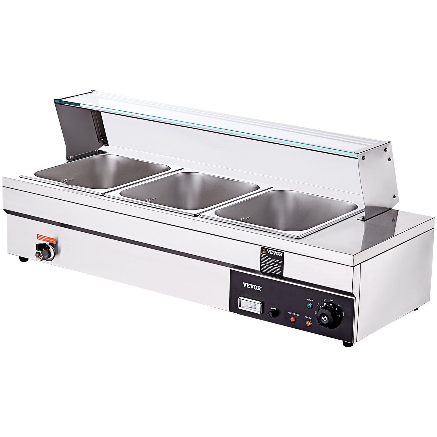 VEVOR 3-Pan Commercial Food Warmer, 3 x 12QT Electric Steam Table with Tempered Glass Cover, 1500W Countertop Stainless Steel Buffet Bain Marie 86-185°F Temp Control for Catering, Restaurants, Silver