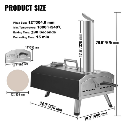 VEVOR Multi-fuel Outdoor Pizza Oven, 12 inch Wood Fired & Gas Pizza Maker with Rotating Pizza Stone, Propane Pellet Dual Fuel Pizza Grill for Backyard, Portable Pizza Ovens for Outside, CSF Certified