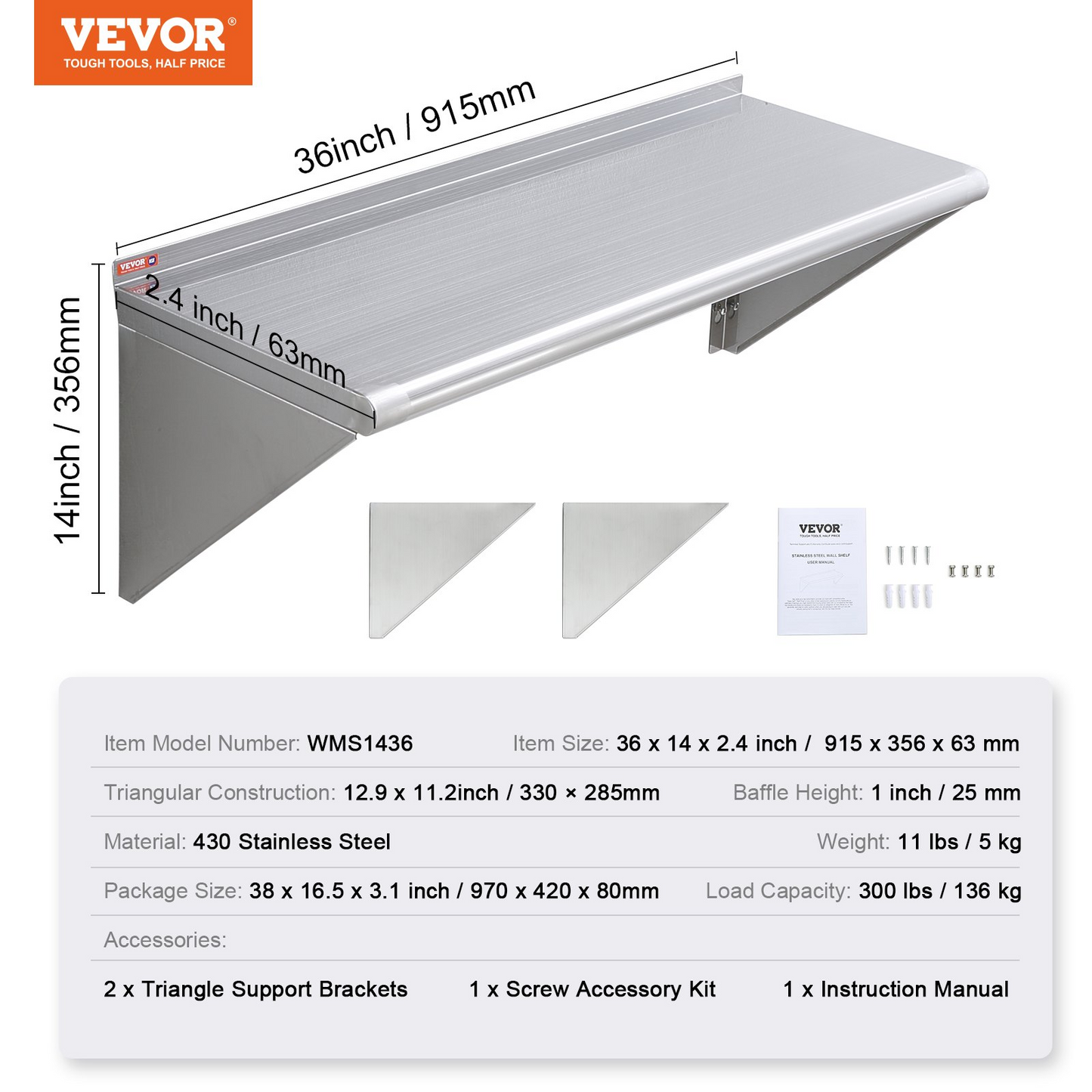 VEVOR 14" x 36" Stainless Steel Shelf, Wall Mounted Floating Shelving with Brackets, 300 lbs Load Capacity Commercial Shelves, Heavy Duty Storage Rack for Restaurant, Kitchen, Bar, Home, and Hotel