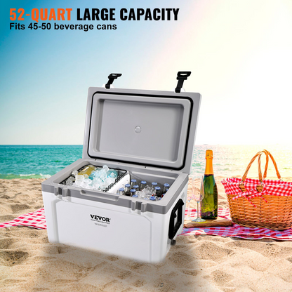 VEVOR Insulated Portable Cooler, 52 qt, Holds 50 Cans, Ice Retention Hard Cooler with Heavy Duty Handle, Ice Chest Lunch Box for Camping, Beach, Picnic, Travel, Outdoor, Keeps Cool for up to 6 Days