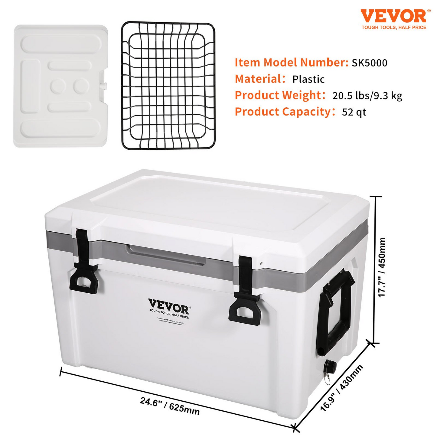 VEVOR Insulated Portable Cooler, 52 qt, Holds 50 Cans, Ice Retention Hard Cooler with Heavy Duty Handle, Ice Chest Lunch Box for Camping, Beach, Picnic, Travel, Outdoor, Keeps Cool for up to 6 Days