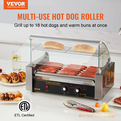 VEVOR Hot Dog Roller 7 Rollers 18 Hot Dogs Capacity 1050W Stainless Sausage Grill Cooker Machine with Dual Temp Control Glass Hood Acrylic Cover Bun Warmer Shelf Removable Oil Drip Tray, ETL Certified