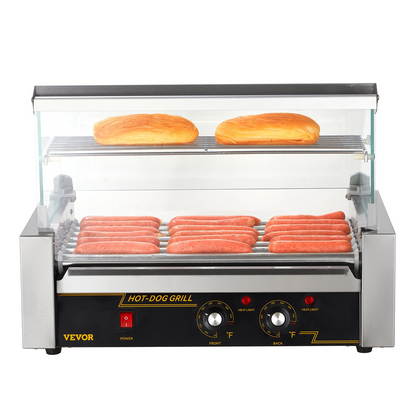 VEVOR Hot Dog Roller 7 Rollers 18 Hot Dogs Capacity 1050W Stainless Sausage Grill Cooker Machine with Dual Temp Control Glass Hood Acrylic Cover Bun Warmer Shelf Removable Oil Drip Tray, ETL Certified