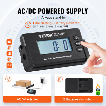 VEVOR Digital Shipping Scale, 49 ft Wireless Control, 440 lbs x 1.7 oz. Postal Scale, with Timer, Tare Function, HD LCD Screen Package Scale for Luggage, Home, Post Office, AC/DC Powered, FCC Listed