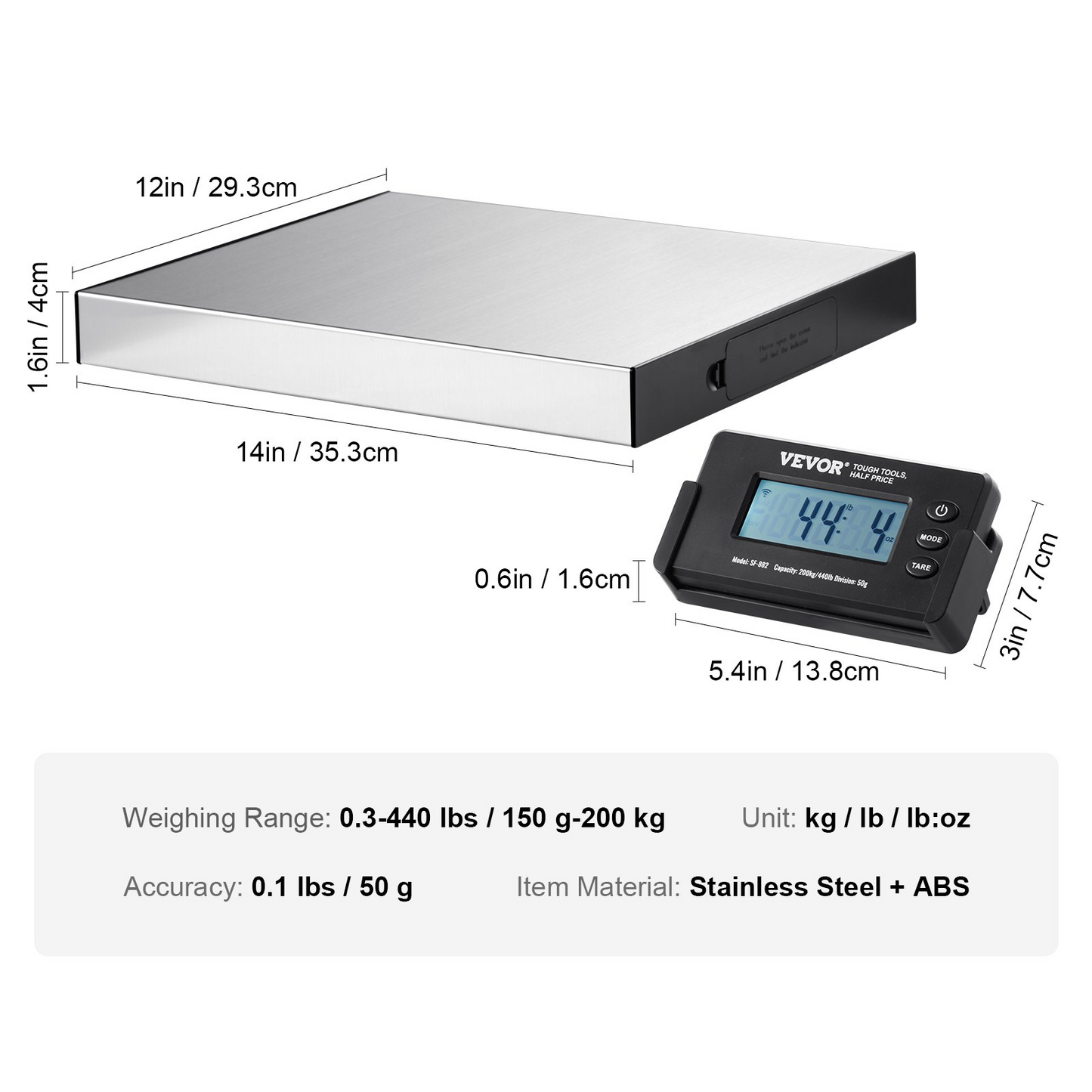 VEVOR Digital Shipping Scale, 49 ft Wireless Control, 440 lbs x 1.7 oz. Postal Scale, with Timer, Tare Function, HD LCD Screen Package Scale for Luggage, Home, Post Office, AC/DC Powered, FCC Listed