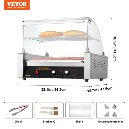 VEVOR Hot Dog Roller, 11 Rollers 30 Hot Dogs Capacity, 1650W Stainless Sausage Grill Cooker Machine with Dual Temp Control Glass Hood Acrylic Cover Bun Warmer Shelf Removable Drip Tray, ETL Certified