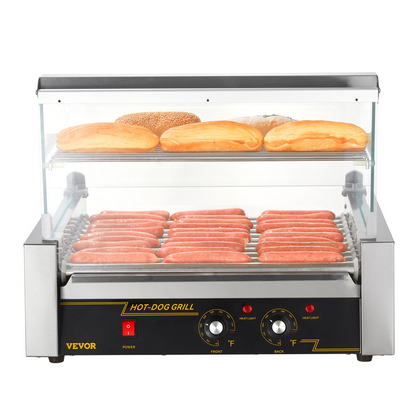 VEVOR Hot Dog Roller, 11 Rollers 30 Hot Dogs Capacity, 1650W Stainless Sausage Grill Cooker Machine with Dual Temp Control Glass Hood Acrylic Cover Bun Warmer Shelf Removable Drip Tray, ETL Certified