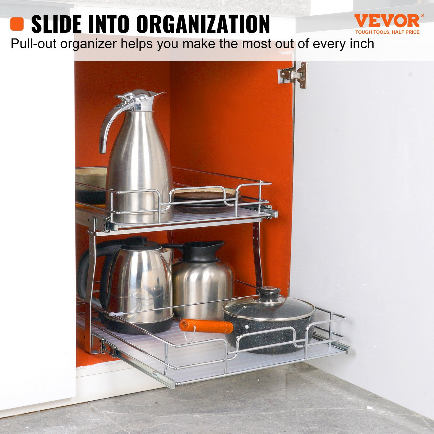 VEVOR 2 Tier 20"W x 21"D Pull Out Cabinet Organizer, Heavy Duty Slide Out Pantry Shelves, Chrome-Plated Steel Roll Out Drawers, Sliding Drawer Storage for Inside Kitchen Cabinet, Bathroom, Under Sink