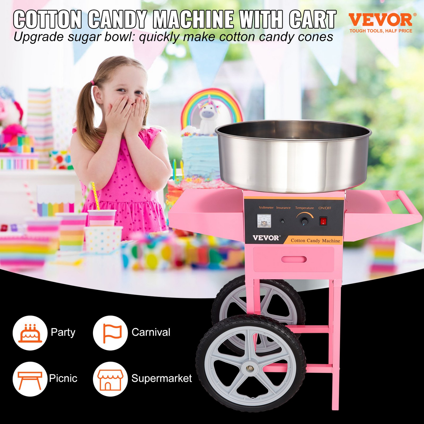 VEVOR Electric Cotton Candy Machine with Cart, 1000W Commercial Floss Maker with Stainless Steel Bowl, Sugar Scoop and Drawer, Perfect for Home, Kids Birthday, Family Party, Pink