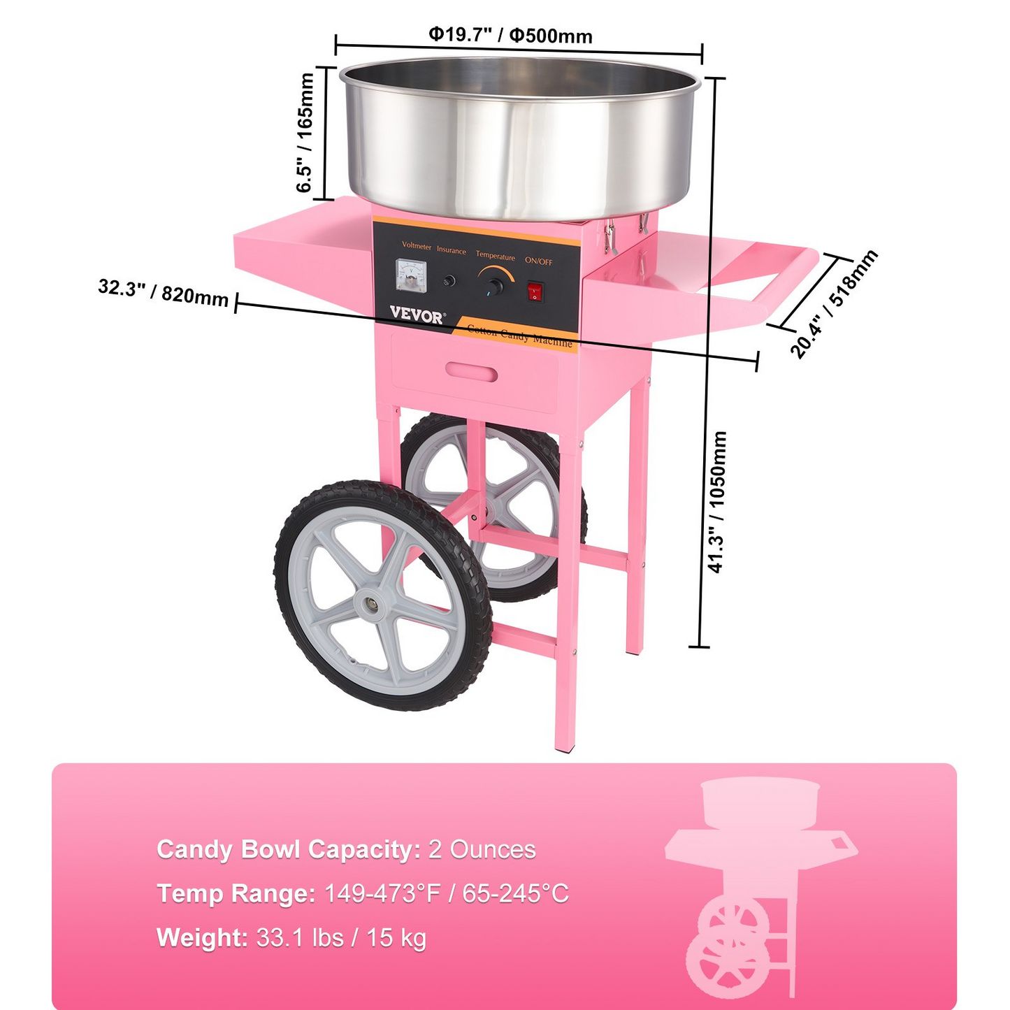 VEVOR Electric Cotton Candy Machine with Cart, 1000W Commercial Floss Maker with Stainless Steel Bowl, Sugar Scoop and Drawer, Perfect for Home, Kids Birthday, Family Party, Pink