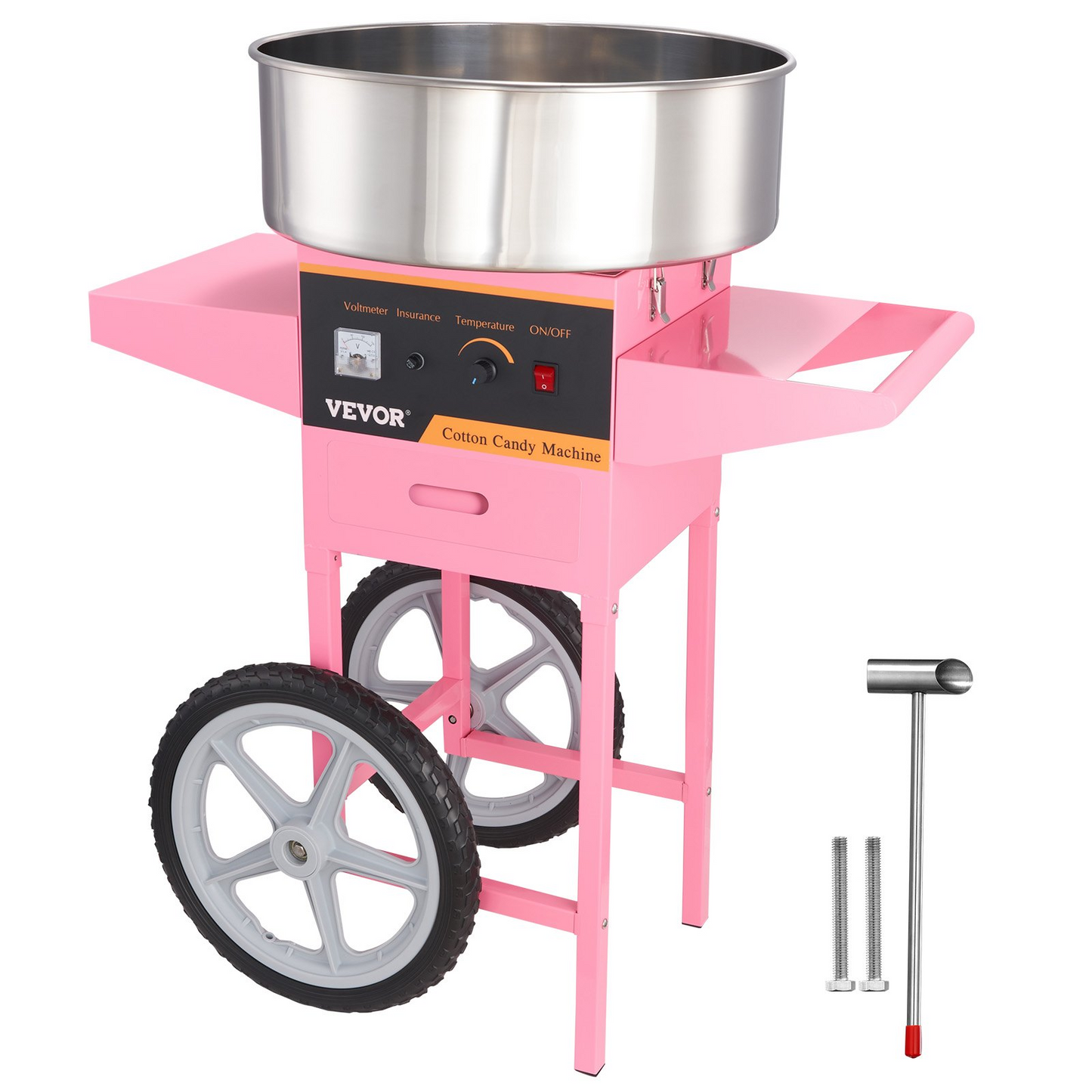 VEVOR Electric Cotton Candy Machine with Cart, 1000W Commercial Floss Maker with Stainless Steel Bowl, Sugar Scoop and Drawer, Perfect for Home, Kids Birthday, Family Party, Pink