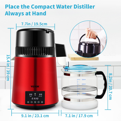 VEVOR 1.1Gal Water Distiller, 0.3Gal/H, 750W Distilled Water Maker Machine 0-99H Timing Dual Temp Display, 304 Stainless Steel Countertop Distiller Glass Carafe Cleaning Powder 3 Carbon Packs, Red