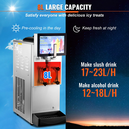 VEVOR Commercial Slushy Machine, 8L / 2.1 Gal Single Bowl, Cool and Freeze Modes, 1050W Stainless Steel Margarita Smoothie Frozen Drink Maker, Slushie Machine for Party Cafes Restaurants Bars Home