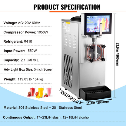 VEVOR Commercial Slushy Machine, 8L / 2.1 Gal Single Bowl, Cool and Freeze Modes, 1050W Stainless Steel Margarita Smoothie Frozen Drink Maker, Slushie Machine for Party Cafes Restaurants Bars Home