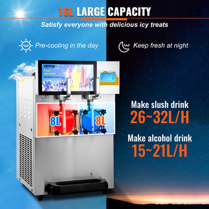 VEVOR Commercial Slushy Machine, 8L / 2.1 Gal Double Bowl Margarita Machine, 1155W Stainless Steel Margarita Smoothie Frozen Drink Maker, Slushie Machine for Party Cafes Restaurants Bars Home