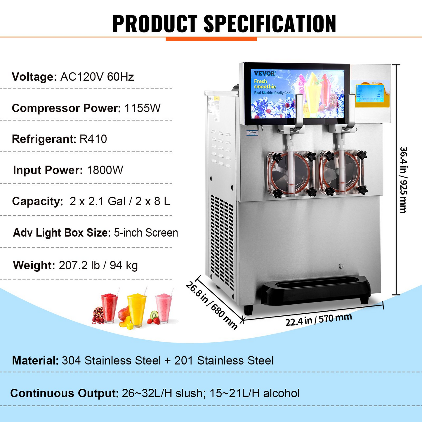 VEVOR Commercial Slushy Machine, 8L / 2.1 Gal Double Bowl Margarita Machine, 1155W Stainless Steel Margarita Smoothie Frozen Drink Maker, Slushie Machine for Party Cafes Restaurants Bars Home