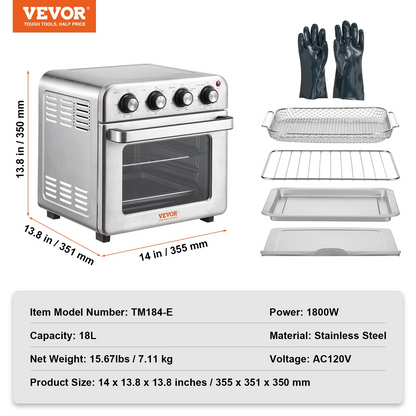 VEVOR 7-IN-1 Air Fryer Toaster Oven, 18L Convection Oven, 1700W Stainless Steel Toaster Ovens Countertop Combo with Grill, Pizza Pan, Gloves, 6 Slices Toast, 10-inch Pizza, Home and Commercial Use