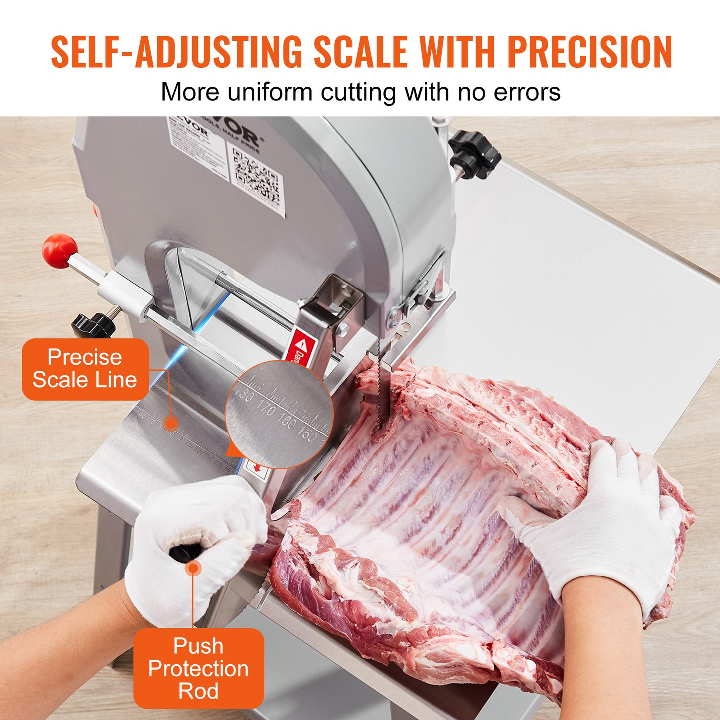 VEVOR Commercial Electric Meat Bandsaw, 1500W Stainless Steel Vertical Bone Sawing Machine, Workbeach 19.3" x 15", 0.16-7.9 Inch Cutting Thickness, Frozen Meat Cutter with 6 Blades for Rib Pork Beef