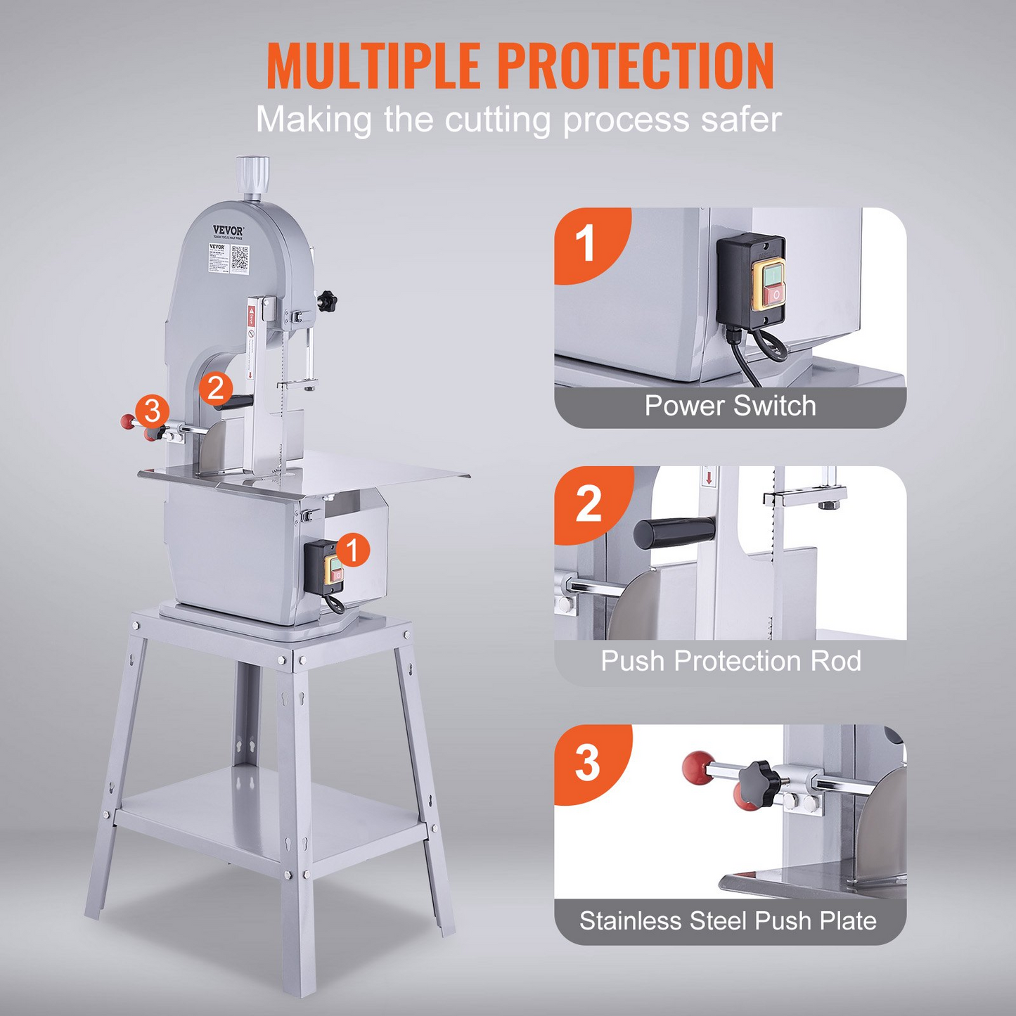 VEVOR Commercial Electric Meat Bandsaw, 1500W Stainless Steel Vertical Bone Sawing Machine, Workbeach 19.3" x 15", 0.16-7.9 Inch Cutting Thickness, Frozen Meat Cutter with 6 Blades for Rib Pork Beef