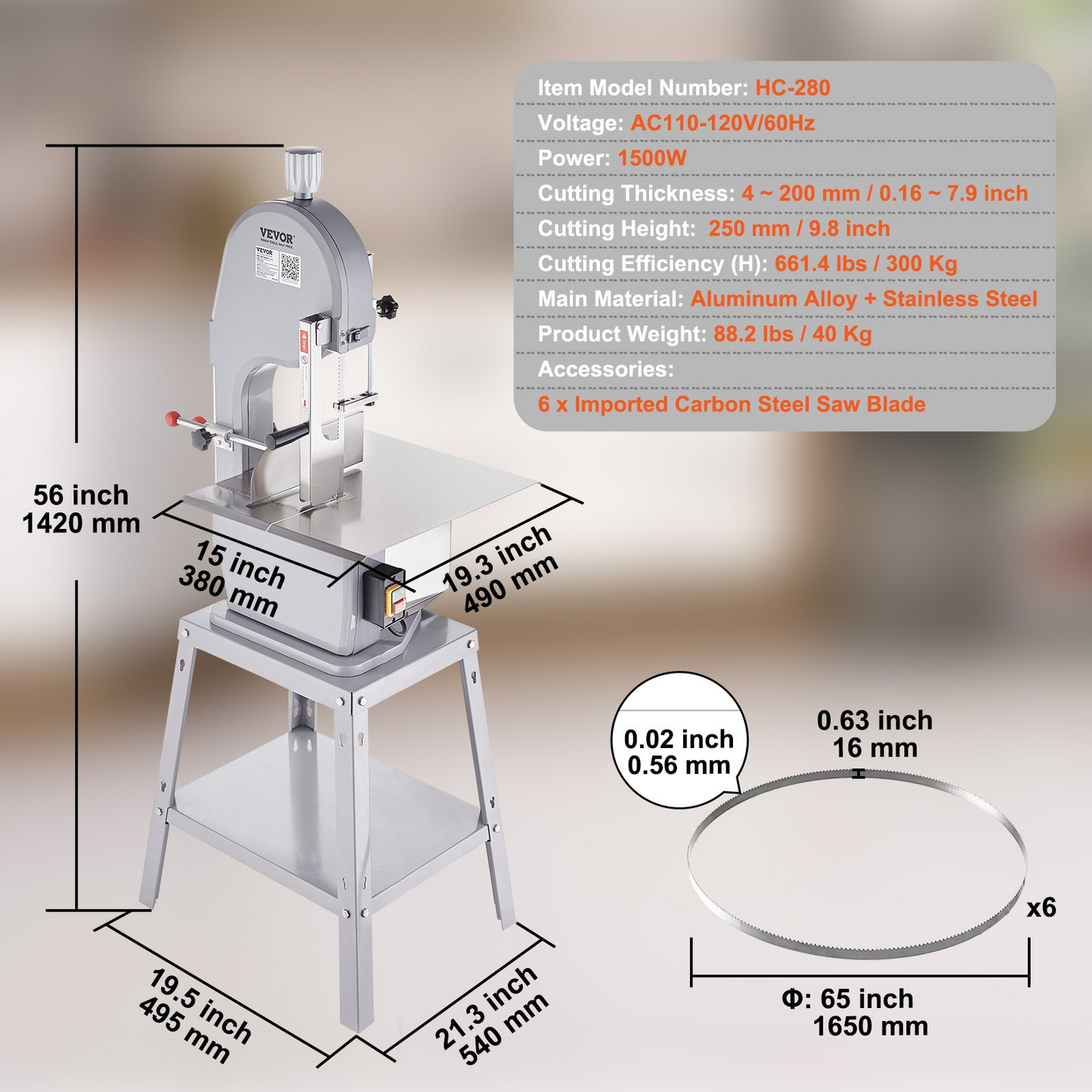 VEVOR Commercial Electric Meat Bandsaw, 1500W Stainless Steel Vertical Bone Sawing Machine, Workbeach 19.3" x 15", 0.16-7.9 Inch Cutting Thickness, Frozen Meat Cutter with 6 Blades for Rib Pork Beef