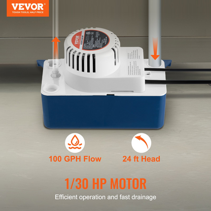 VEVOR Condensate Removal Pump, 1/30 HP, 100 GPH, 24 ft Lift, 115V Automatic AC Condensation Pump with Safety Switch & 20' Tubing for Air Conditioner, Dehumidifier, HVAC, Furnace, Ice Maker Water Drain