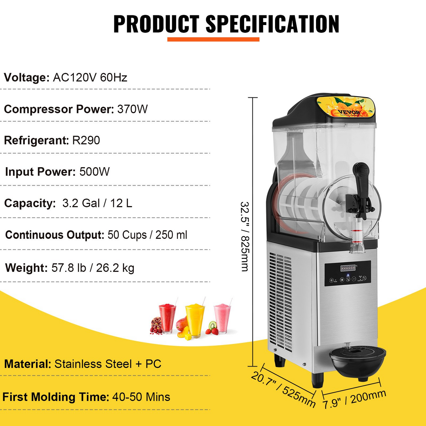 VEVOR Commercial Slushy Machine, 12L/3.2Gal Single Bowl, 50 Cups Margarita Machine, 500W Stainless Steel Margarita Smoothie Frozen Drink Maker, Slushie Machine for Party Cafe Restaurants Bars Home Use