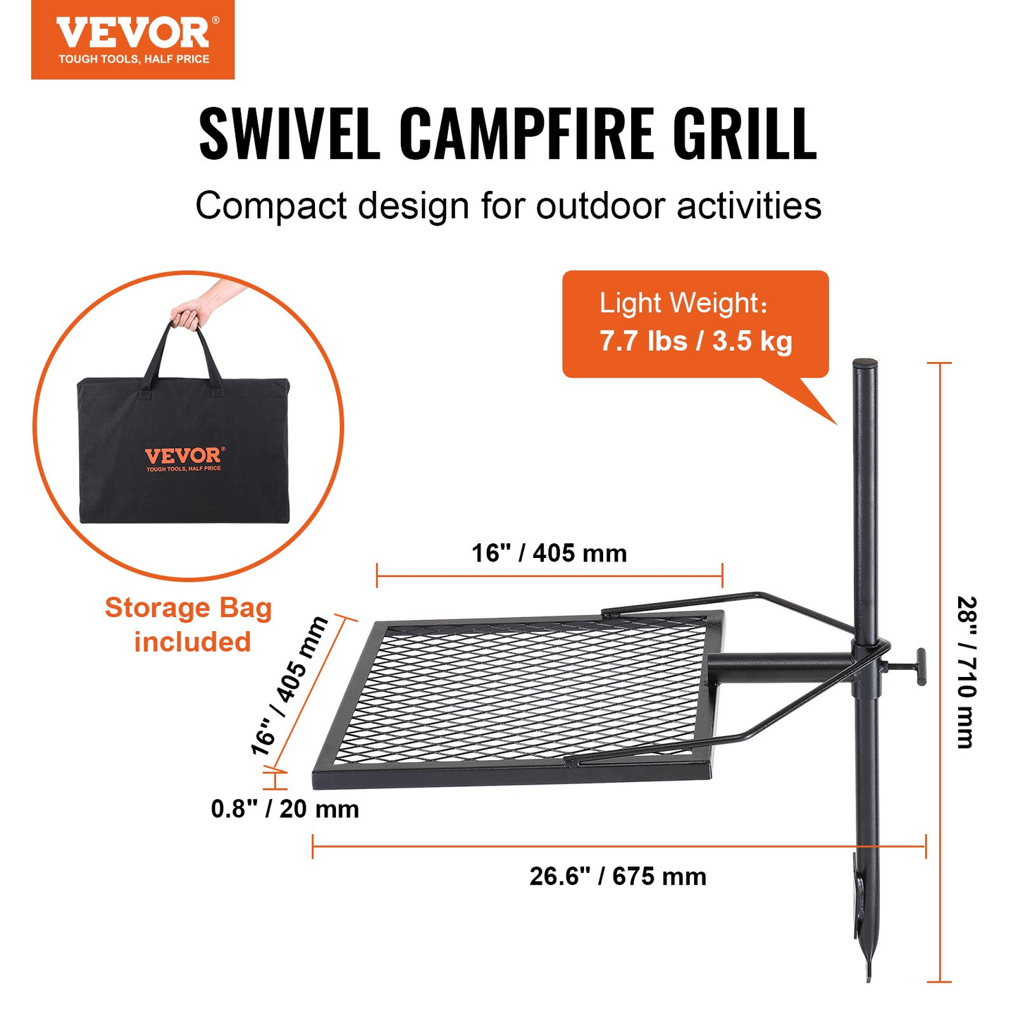 VEVOR Swivel Campfire Grill, Fire Pit Grill Grate over Fire Pits, Heavy Duty Steel Grill Grates, 360° Adjustable Open Fire Outdoor Cooking Equipment, Portable Camp Fire Racks for Camping Outdoor BBQ