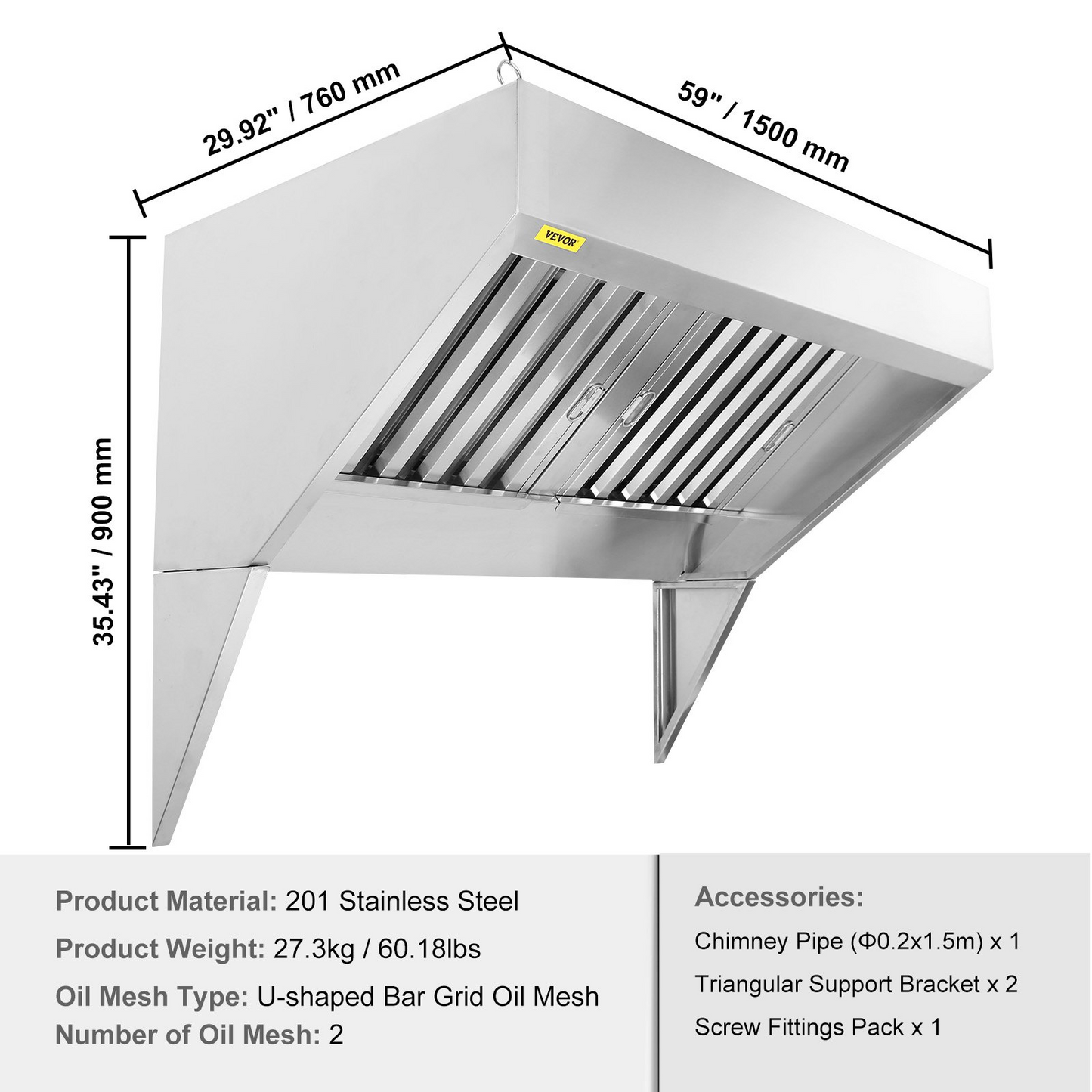 VEVOR Commercial Exhaust Hood, 5FT Food Truck Hood Exhaust, 201 Stainless Steel Concession Trailer Hood with 2 Detachable U-shaped Grid Oil Filter Mesh, Rust Resistant Vent Hood for Kitchen Restaurant