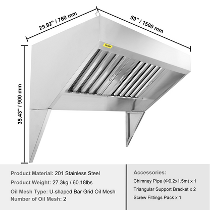 VEVOR Commercial Exhaust Hood, 5FT Food Truck Hood Exhaust, 201 Stainless Steel Concession Trailer Hood with 2 Detachable U-shaped Grid Oil Filter Mesh, Rust Resistant Vent Hood for Kitchen Restaurant