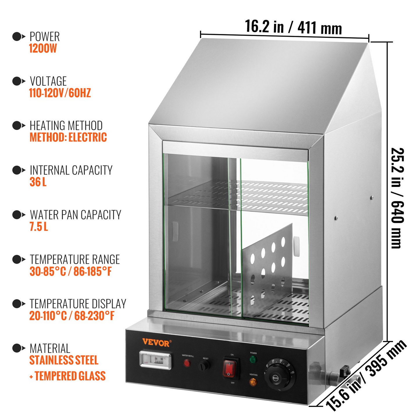 VEVOR 1200W Commercial Hot Dog Steamer 2 Tier Electric Bun Warmer w/ Slide Doors