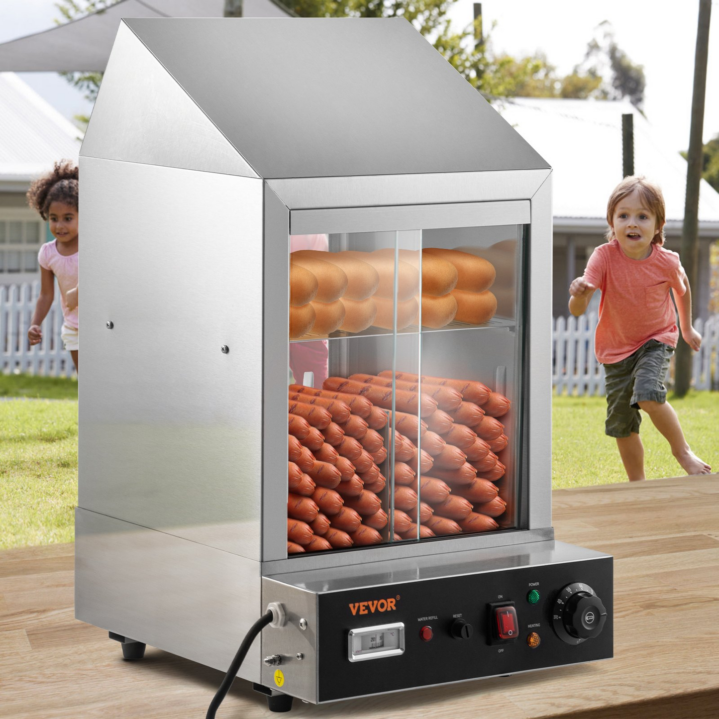 VEVOR 1200W Commercial Hot Dog Steamer 2 Tier Electric Bun Warmer w/ Slide Doors