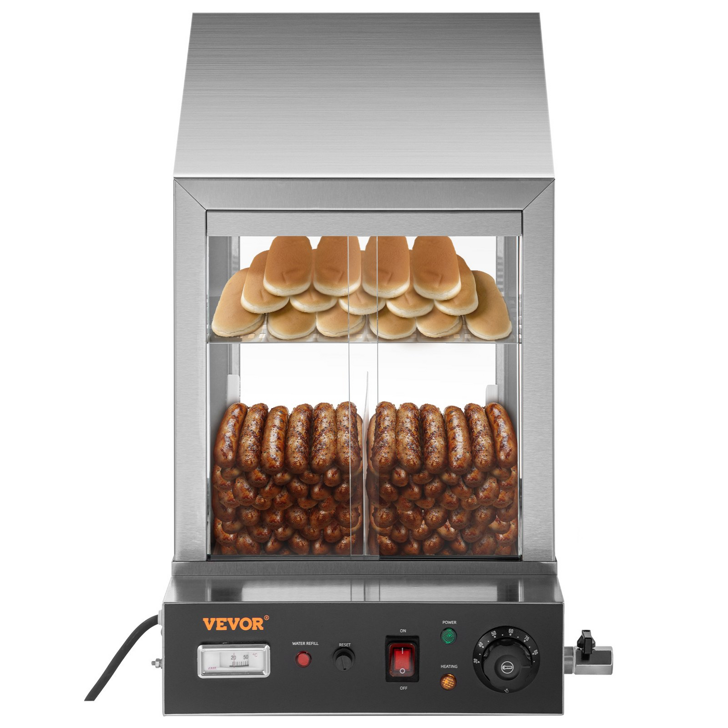 VEVOR 1200W Commercial Hot Dog Steamer 2 Tier Electric Bun Warmer w/ Slide Doors