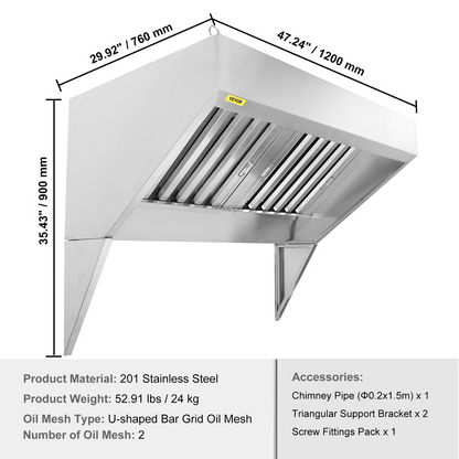 VEVOR Commercial Exhaust Hood, 4FT Food Truck Hood Exhaust, 201 Stainless Steel Concession Trailer Hood with 2 Detachable U-shaped Grid Oil Filter Mesh, Rust Resistant Vent Hood for Kitchen Restaurant