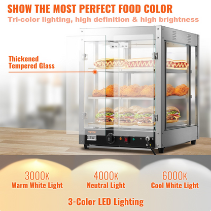 VEVOR 3-Tier Commercial Food Warmer Countertop Pizza Cabinet with Water Tray